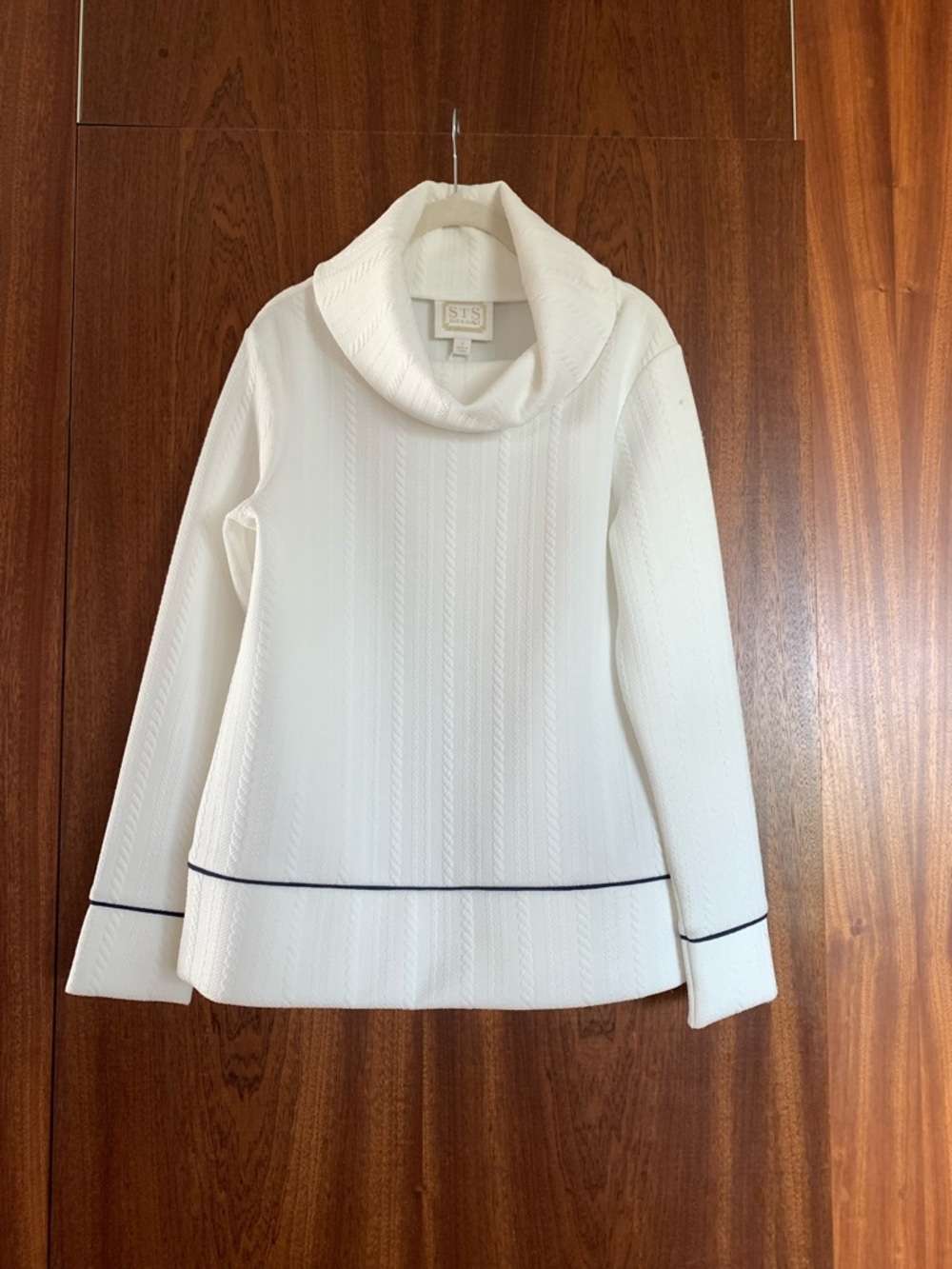 Sail to Sable Ivory Cowl Neck Sweater with Navy Piping